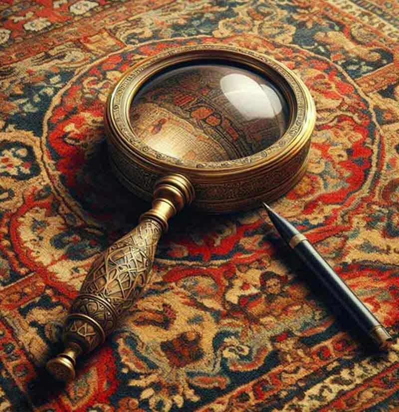 Loupe posée sur les motifs d’un tapis pour en observer les détails
